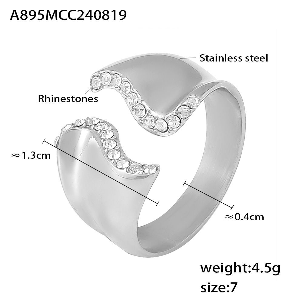 Bague ouverte irrégulière en acier inoxydable, sertie de diamants INS Wind, couleur neutre Cold Wind, non ajustable._voghion.com