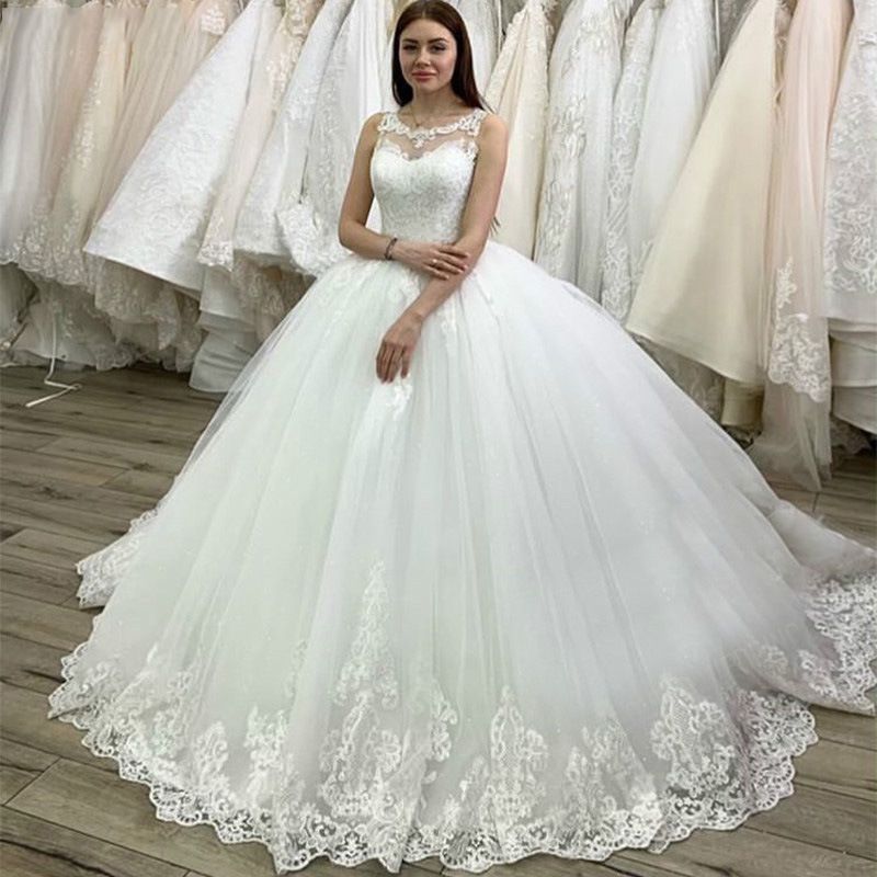 Women's 2024 New White Lace Appliqué A-Pulse Dress Lace-Up Luxury Wedding Dress_voghion.com