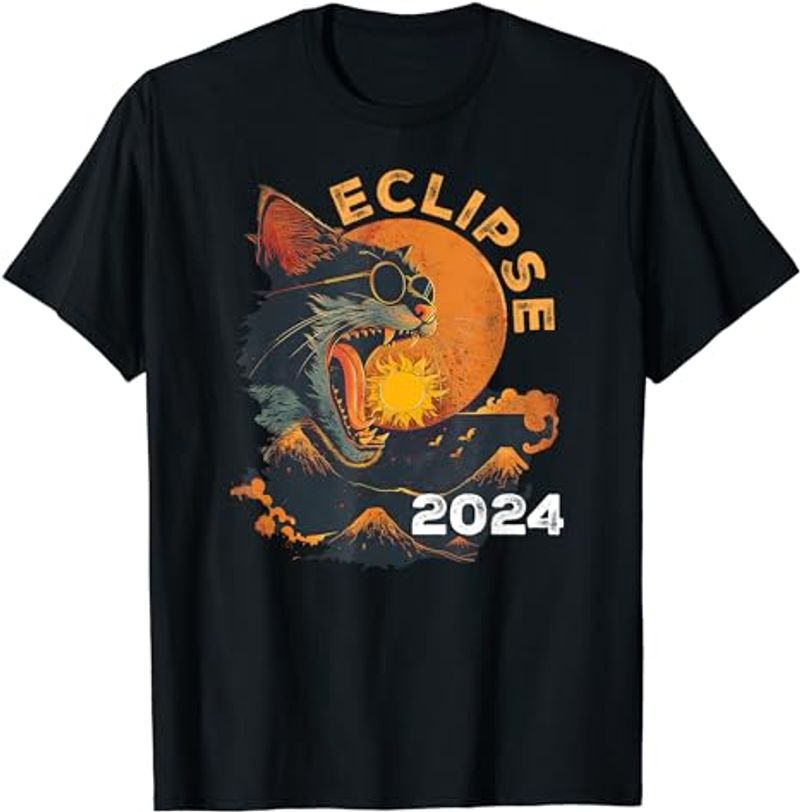 Camiseta Eclipse Solar Total com Gato Engraçado de Óculos de Sol Eclipse 2024_voghion.com