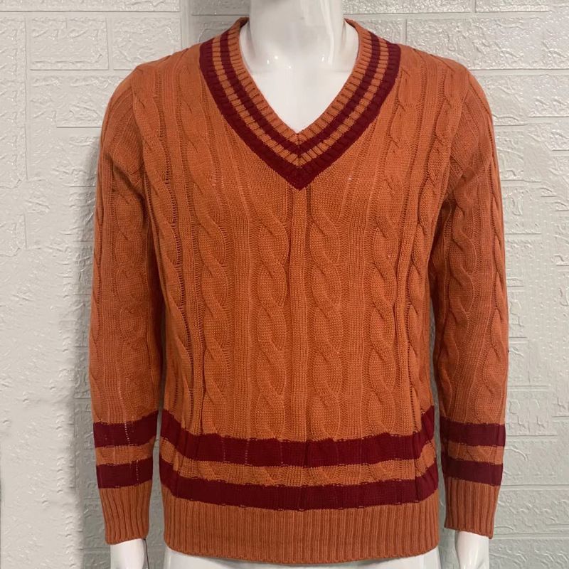 Pull en tricot rayé de couleur assortie à col en v pour hommes pull de mode d'automne et d'hiver_voghion.com