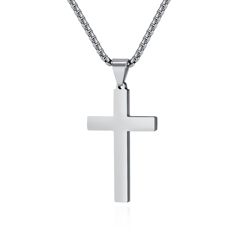 Collana con croce minimalista in acciaio inossidabile lucido, accessorio unisex con ciondolo in acciaio al titanio_voghion.com
