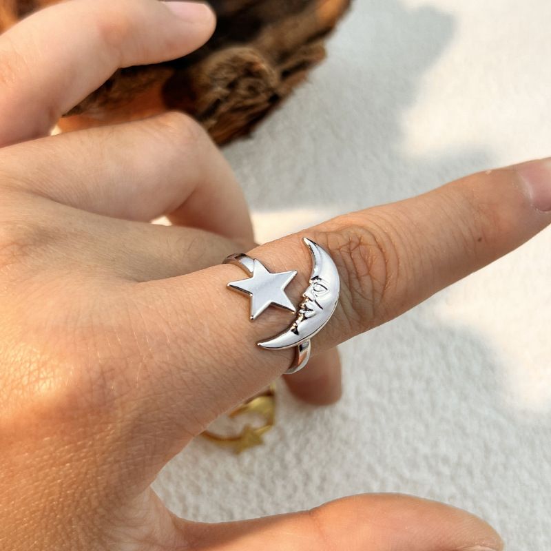 Anello alla moda in acciaio inossidabile con stella e luna, stile hip hop, geometrico, rotondo, aperto, per donna_voghion.com
