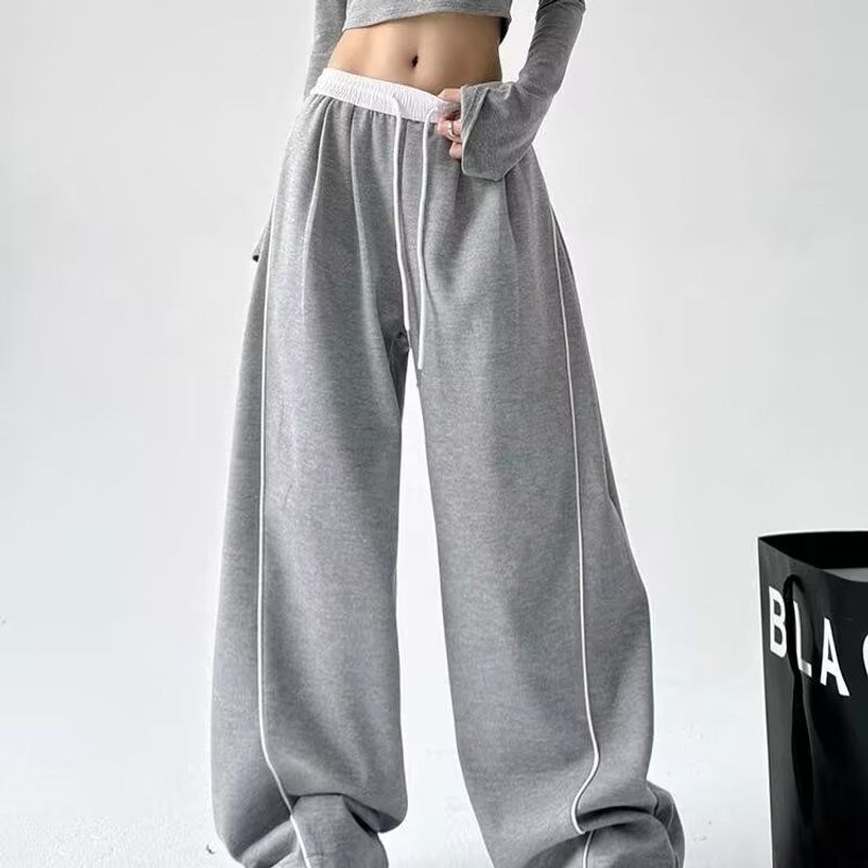 Pantaloni sportivi neri stile americano a gamba larga drappeggiati, nuovi pantaloni della tuta casual larghi 2025 per la primavera e l'autunno_voghion.com