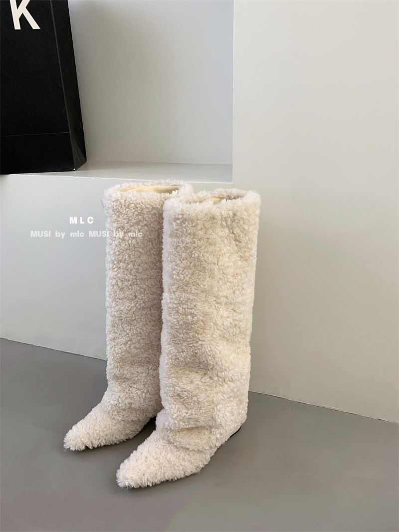 2023 new long hairy high pants boots, fashionable sloping heels, pointed boots that do not reach the knee_voghion.com