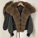 Unique Short Puffer Jacket With Fox Fur Trim, 96% White Duck Down, Grey & Black Winter Coat For Women_voghion.com