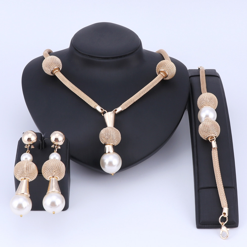 Ντουμπάι Imitation Pearl Σετ Κοσμήματα Χρυσό Χρώμα Γυναικεία Σκουλαρίκια Κολιέ Βραχιόλι για Γυναικεία Σετ Δώρου Γάμου_voghion.com