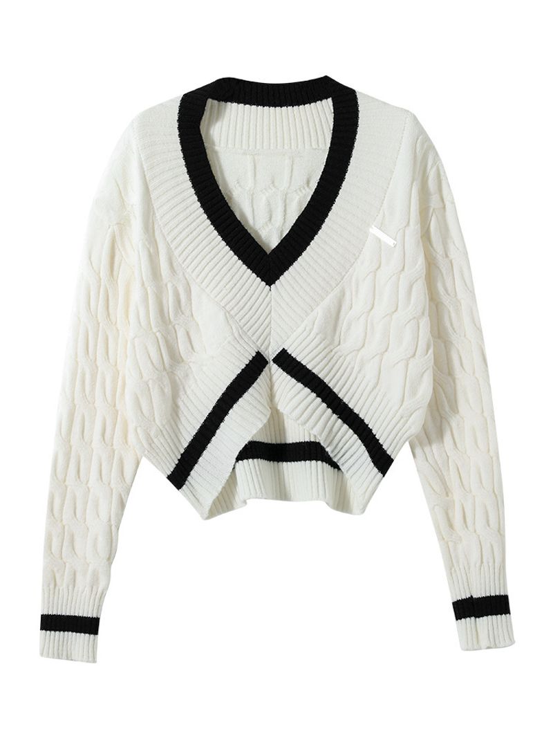 Fried Dough Twists Knit Wo's 2024 Herbst/Winter Neuer koreanischer Farbkontrast V-Ausschnitt Langarm Kurzer Strickpullover_voghion.com
