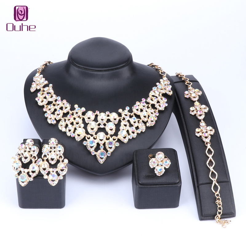 Set di gioielli da sposa in cristallo di colore AB Dubai, colore oro, gioielli da sposa, collane, bracciali, orecchini, set di anelli_voghion.com