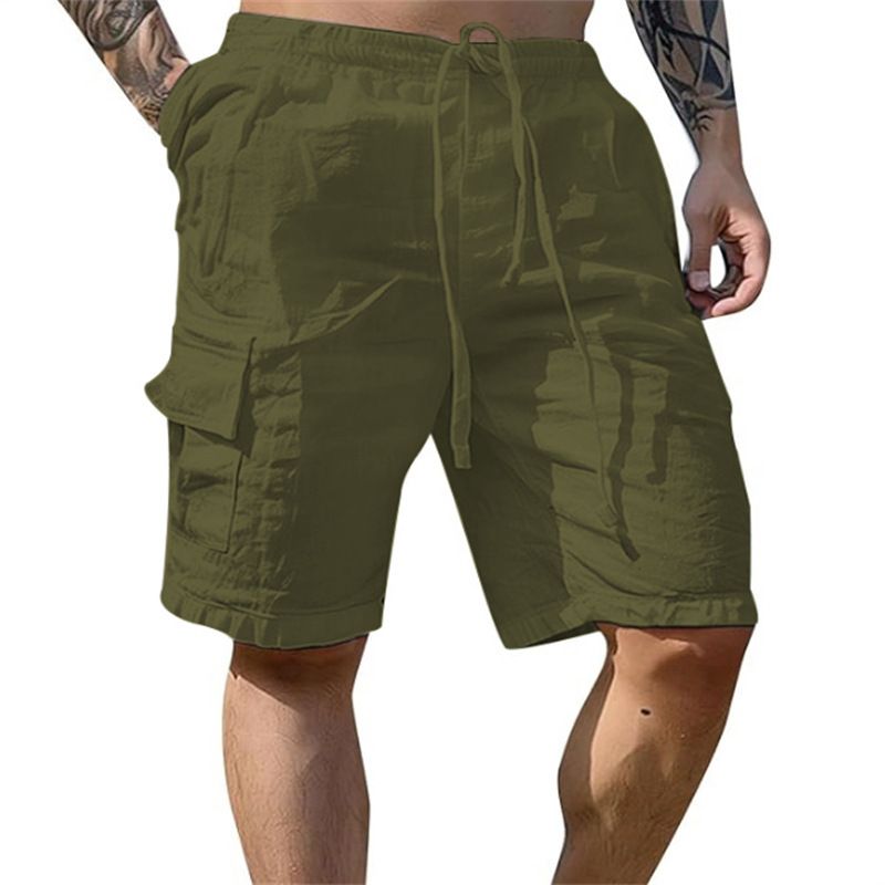 Ropa informal para hombre, pantalones cortos holgados y transpirables de algodón y lino con cordón ajustable, de color liso, con múltiples bolsillos para el trabajo al aire libre._voghion.com