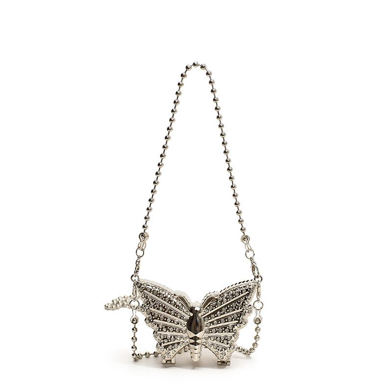 Damen-Clutch-Taschen, Mini-Metall-Kleintasche für Damen, modischer Wasserdiamant, Nischen-Schmetterlings-Design, Kettenbox-Tasche_voghion.com