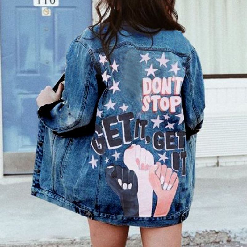Women's printed denim jacket women's loose lapel denim jacket top _voghion.com