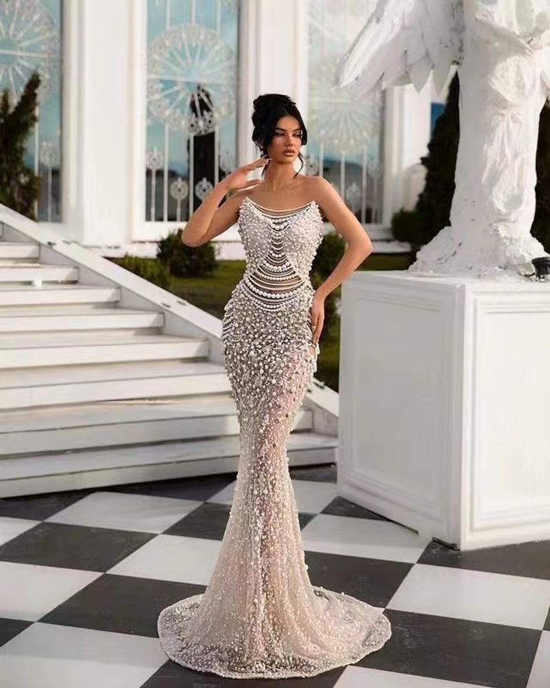 Women's Clothing Tube Top White Pearl Series Deep V Neck See Through Mesh High Waist Slim Stage Banquet Dress_voghion.com