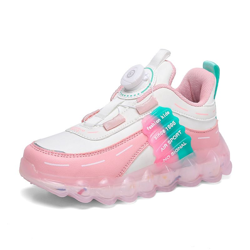 Child's shoes Leather sneakers Big kids rotating button mesh breathable running shoes pink_voghion.com