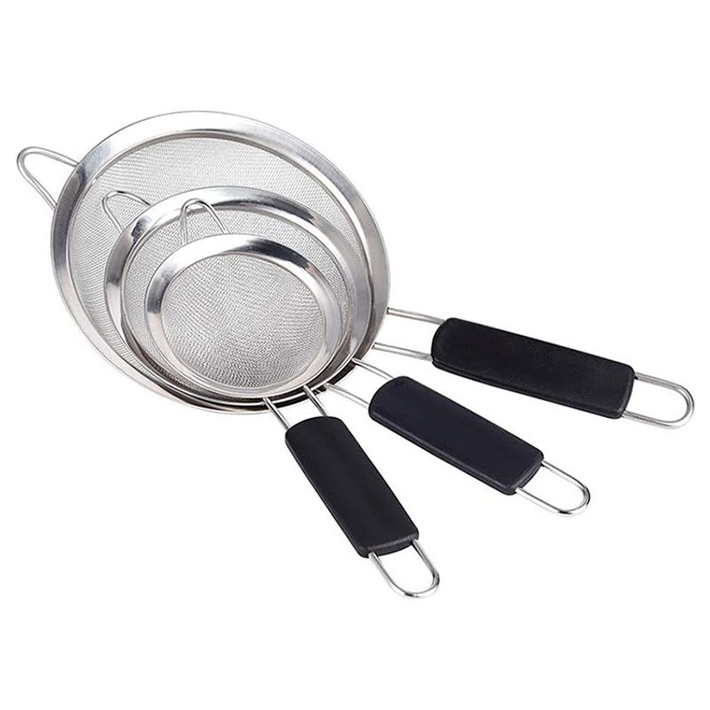German Strainer Set (3 Pcs) - Stainless Steel 8/12/20cm, Heatproof Handle, EU Fine Mesh Kitchen_voghion.com