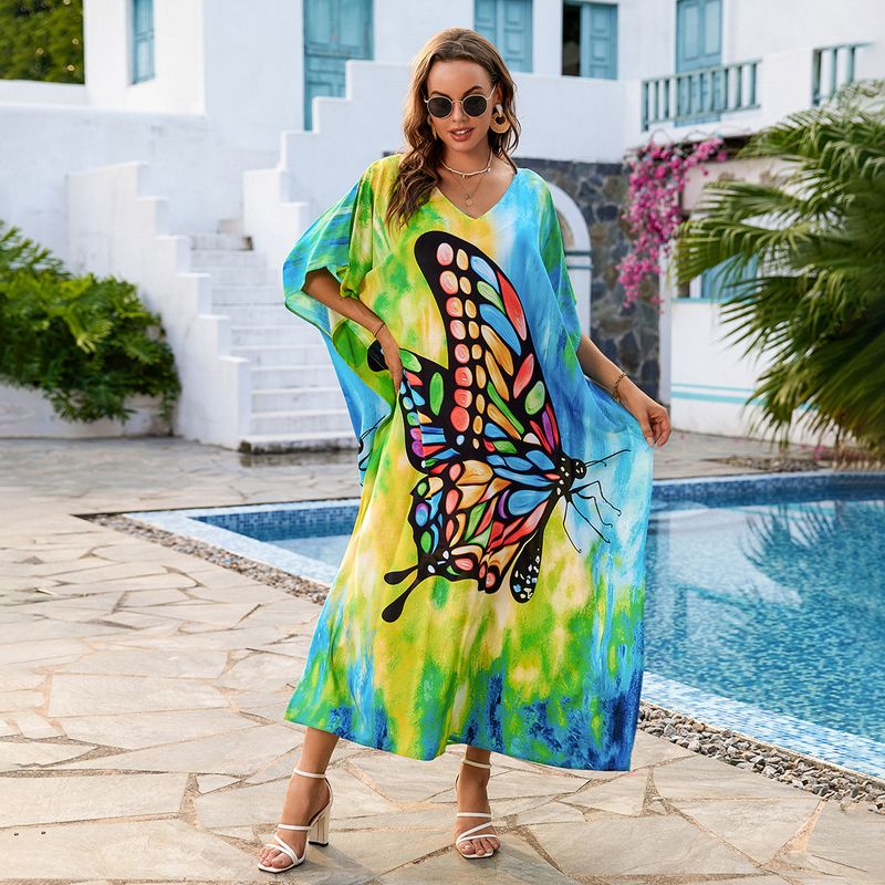Women's Clothing Cotton Printed Vacation Breathable Rayon Printed Maxi Dress Cover-Up - Loose Fit Beach Tunic With Butterfly Design, Bikini Cover_voghion.com