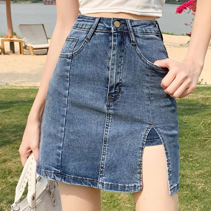 Gonna corta in denim a mezza lunghezza per donna con design elastico estivo a vita alta con spacco, antiriflesso avvolgente intorno ai glutei,_voghion.com