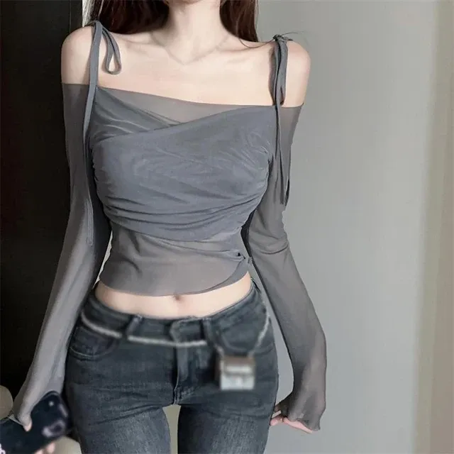 vendita calda stile francese protezione solare maglia top donna t-shirt sottile spalline scoperte maniche lunghe camicette_voghion.com