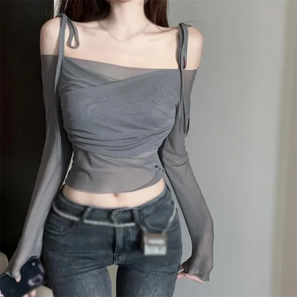 vendita calda stile francese protezione solare maglia top donna t-shirt sottile spalline scoperte maniche lunghe camicette_voghion.com