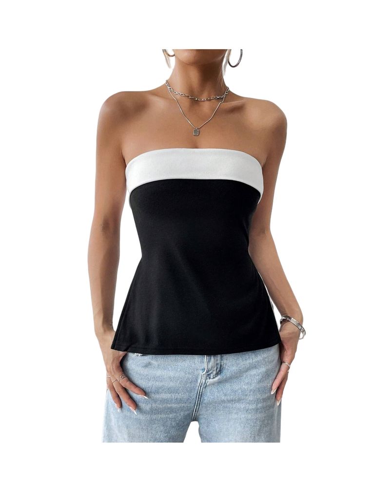 Women's Clothing Black And White Contrast Color Tube Top Elegant Temperament Commuting One Shoulder Tube Top_voghion.com
