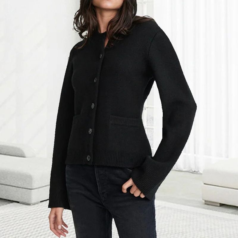 Cardigan boutonné en cachemire doux pour femme, coupe ajustée, manches longues, avec poches_voghion.com