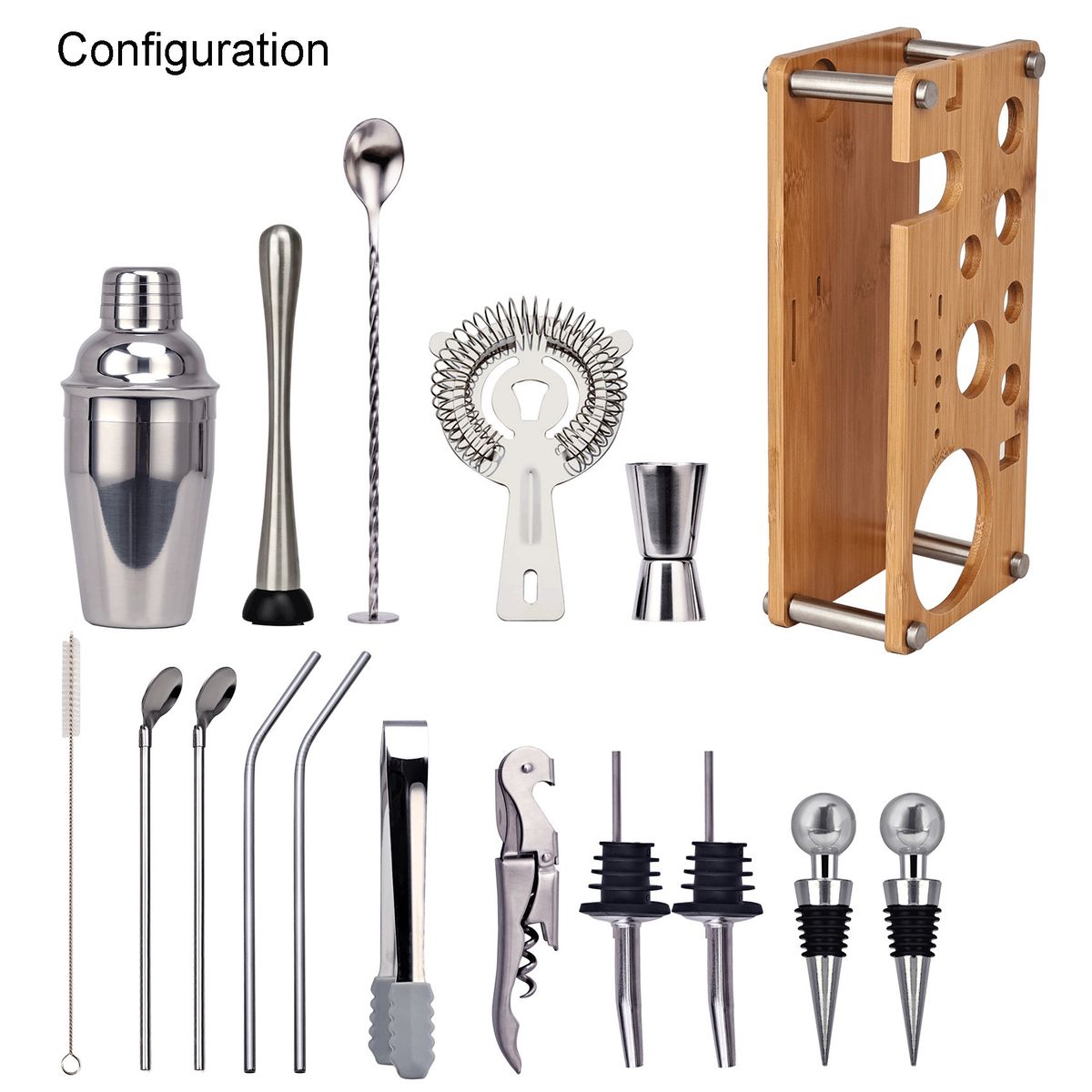 Ensemble de 17 outils de bar à cocktails avec support en bambou et acrylique, shaker et paille_voghion.com