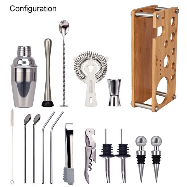 Ensemble de 17 outils de bar à cocktails avec support en bambou et acrylique, shaker et paille_voghion.com