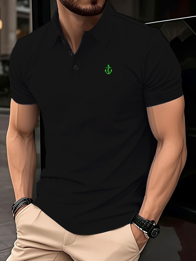 Camicia a maniche corte con risvolto, elegante e casual, con ricamo di ancora, da uomo, stile business, top coordinati alla moda_voghion.com