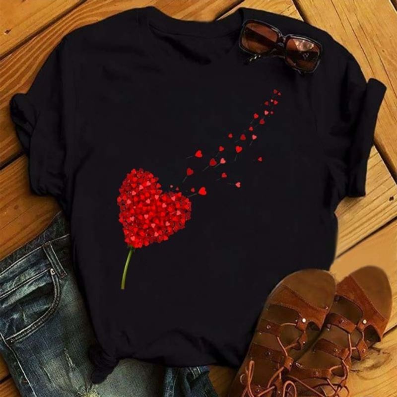 Camiseta de cuello redondo y manga corta con estampado de amor para mujer_voghion.com