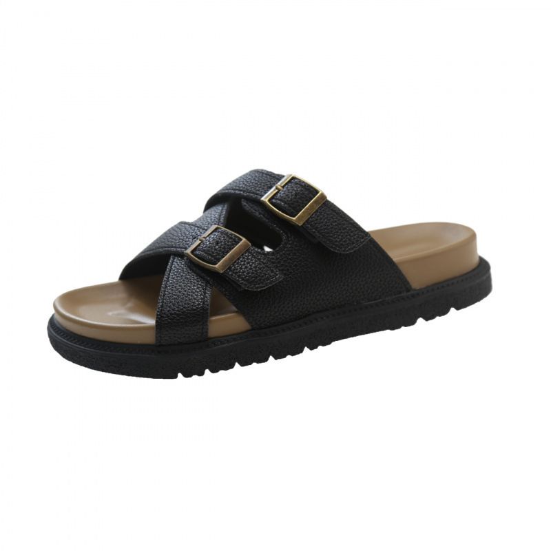 Women's Summer Platform Sandals - Adjustable Leather Strap Slide Sandals (4cm Cork Sole, Retro Buckle Design, Beach & Streetwear)_voghion.com