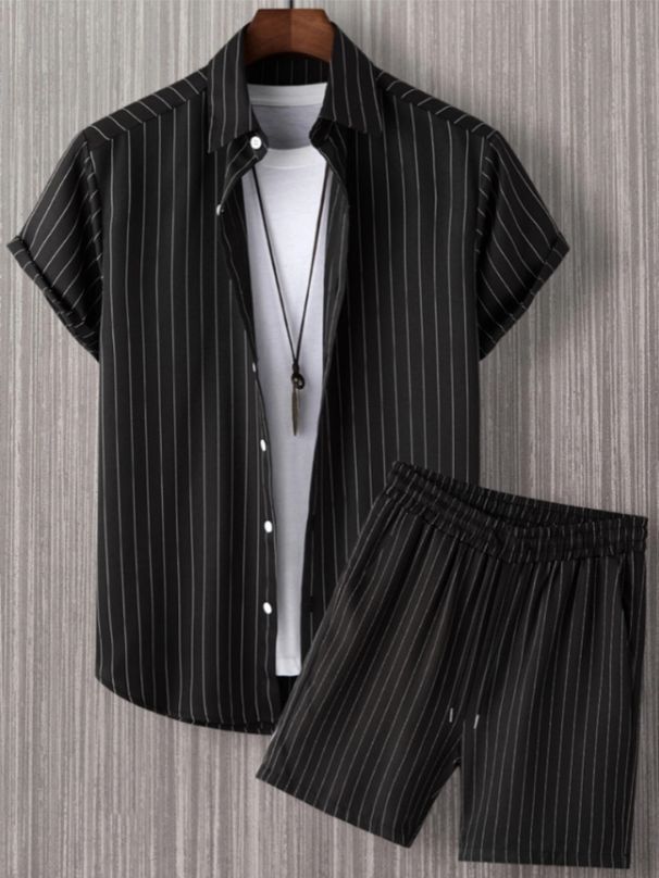 Abbigliamento da uomo, manica corta, coulisse, bottoni, davanti, a righe, casual, due pezzi_voghion.com
