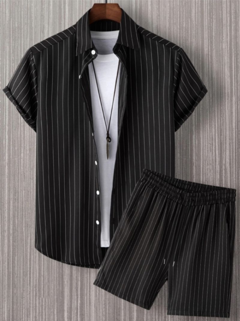 Men's Clothing Short Sleeved Drawstring Button Front Stripe Casual Two Piece Suit_voghion.com