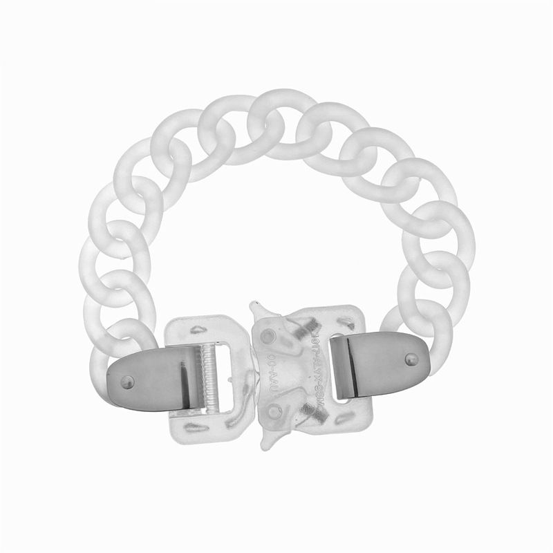 1017 ALYX 9SM Pulsera con hebilla de seguridad de metal, acero y titanio, estilo industrial funcional, acrílico transparente_voghion.com