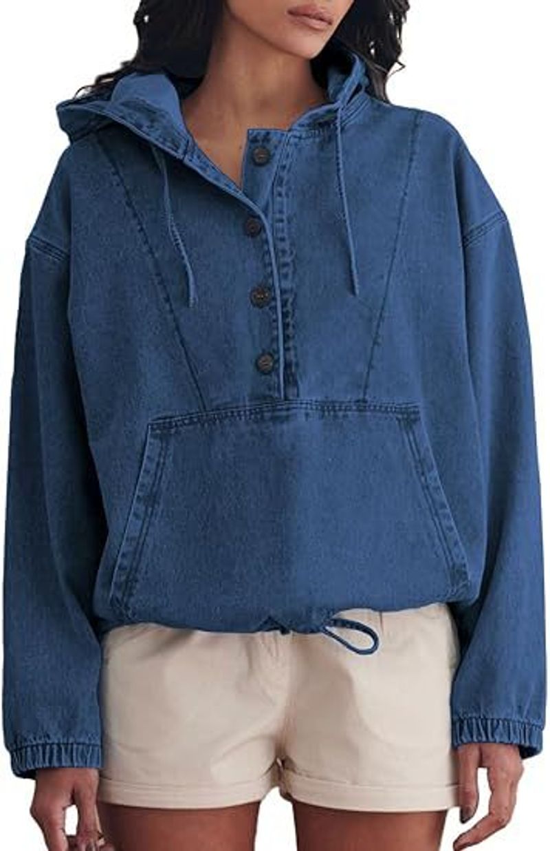 Veste en jean à capuche zippée et boutonnée pour femme, style streetwear décontracté et oversize (bleu clair, bleu moyen, bleu foncé)_voghion.com