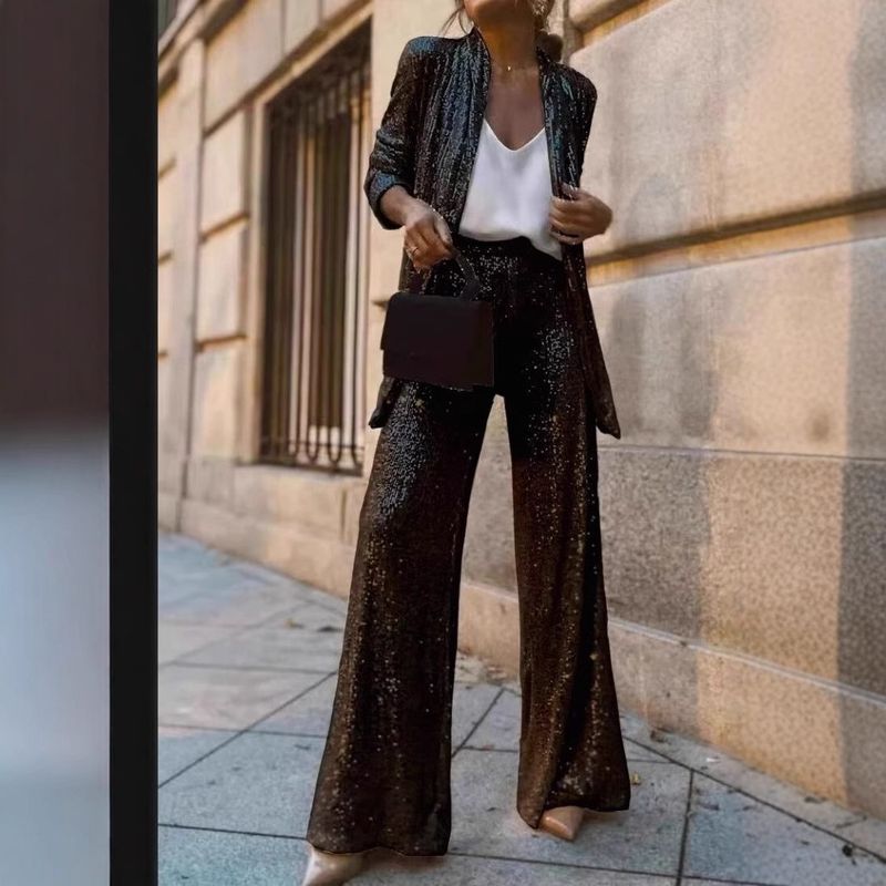 Spring New Arrival Women's Two-Piece Set Blazer High-Waist Trousers With Sequin Details Elegant Office Casual (Available In Beige/Black/Silver )_voghion.com