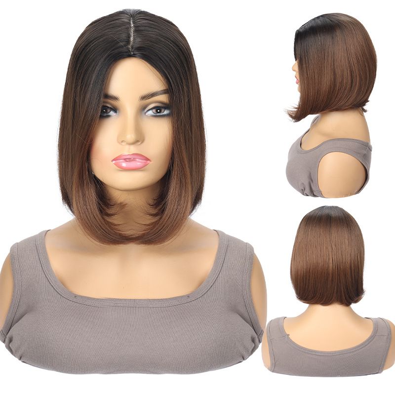 Synthetische Clip-in-Perücke für Damen, braun gefärbt, mit Mittelscheitel, kurzes glattes Haar, synthetische Perücke mit Bob-Innenlocken_voghion.com