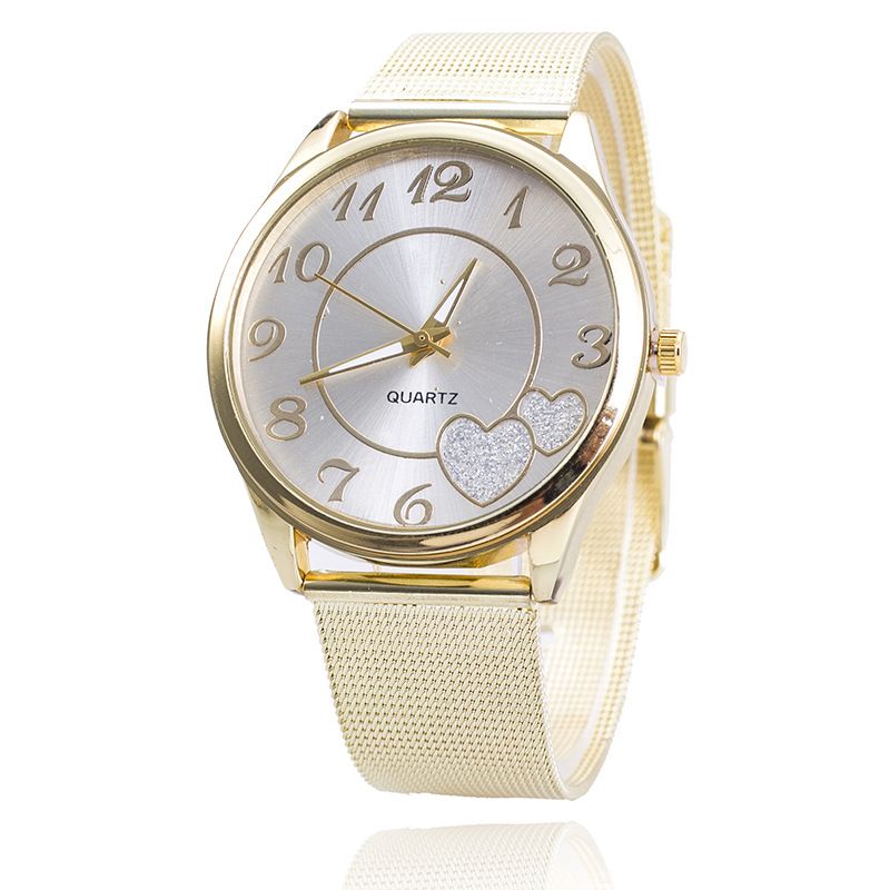 New Gold Mesh with Fashion Grid Arabic Digital Peach Heart Women's Watch_voghion.com