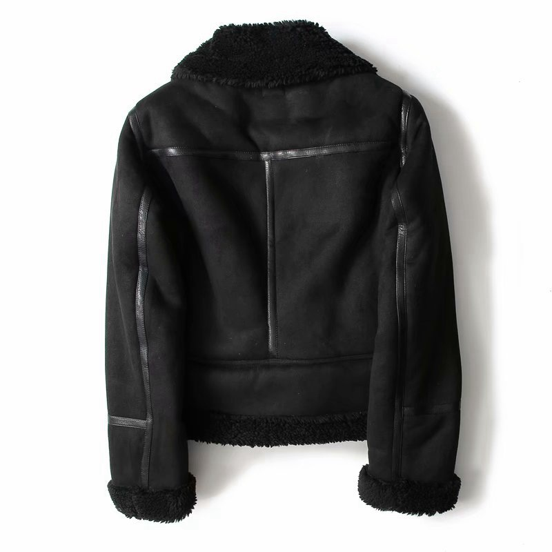 Women's Large Lapel Thick Motorcycle Suede Black Coffee Fur All-in-one Coat_voghion.com