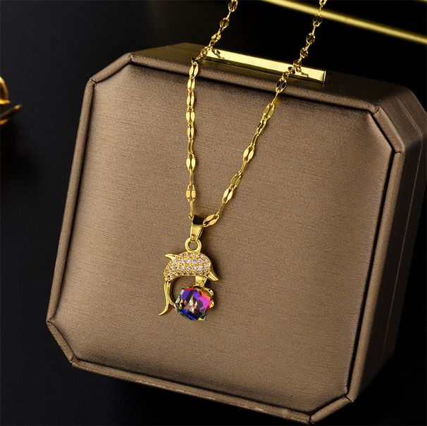 Titanový ocelový náhrdelník s diamanty a delfínem, magická kostka, šperky, doplňky, módní temperamentní přívěsek, dámský vějířový čistý červený přívěsek_voghion.com