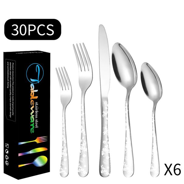 Set da tavola in acciaio inossidabile con coltello, forchetta e cucchiaio, 30 pezzi, set da tavola occidentale per 6 persone_voghion.com