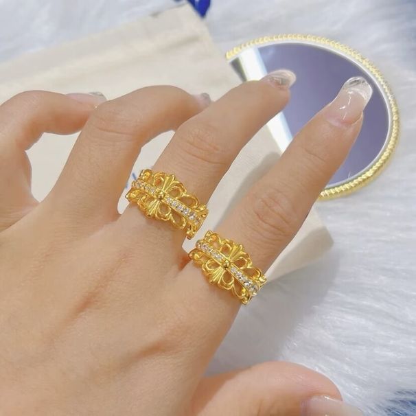 Strong Color Retention Ancient Gold-Plated Cross Diamond-Studded Hollow Open Design Exquisite Light Luxury Ring_voghion.com