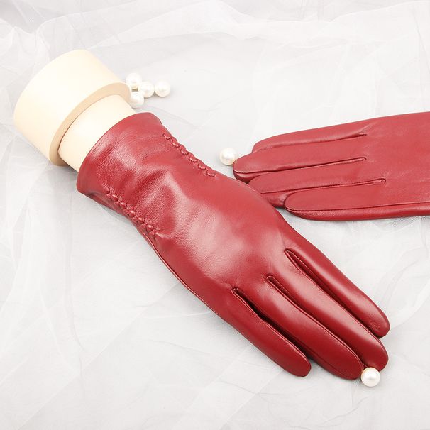 Guanti in vera pelle di pecora per donna, antifreddo, stile autunno e inverno, touchscreen, caldi, foderati in pile,_voghion.com