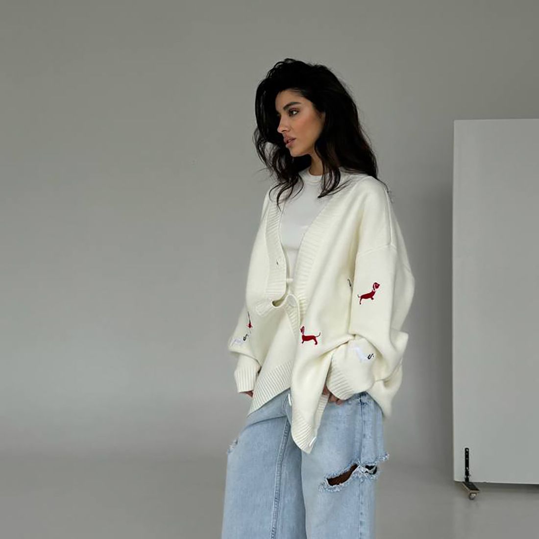 Women's Clothing Soft & Cozy Embroidered Knit Cardigan - Oversized V-Neck Sweater For Women, Trendy Dog Pattern, Cotton Blend (Yellow/White, S/M/L)_voghion.com