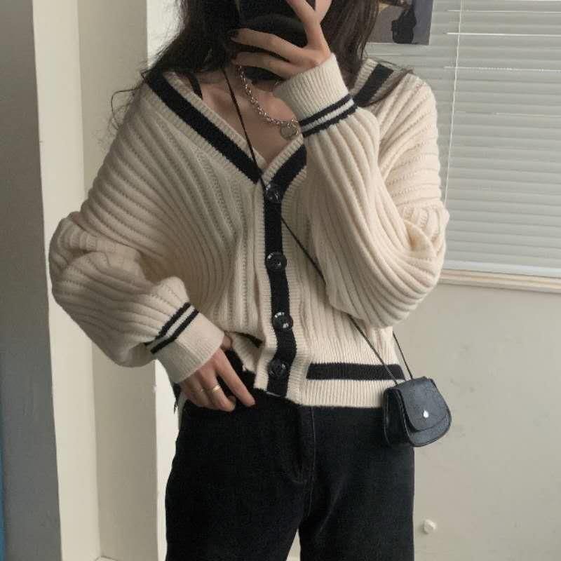 2024 inizio autunno nuova moda versione coreana maglione cardigan lavorato a maglia a maniche lunghe a contrasto con scollo a V largo top femminile_voghion.com