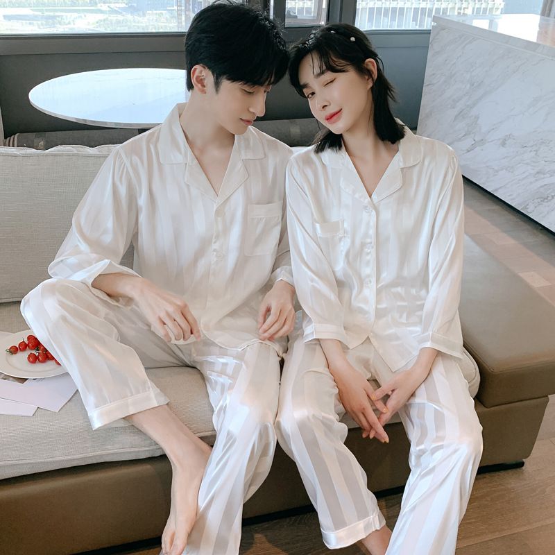 Spring, Summer, And Autumn Couple Pajamas | Ice Silk Long Sleeved Pants, Fashionable Casual Home Suit Set--Wide Stripe White Style_voghion.com