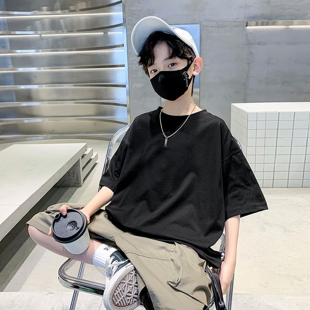 New Boys' Solid Color Short Sleeve T-Shirt - 95% Cotton Breathable Tee For Kids & Teens (8-14Y), Soft Casual Summer Top (Black/White, 110-170cm)"_voghion.com