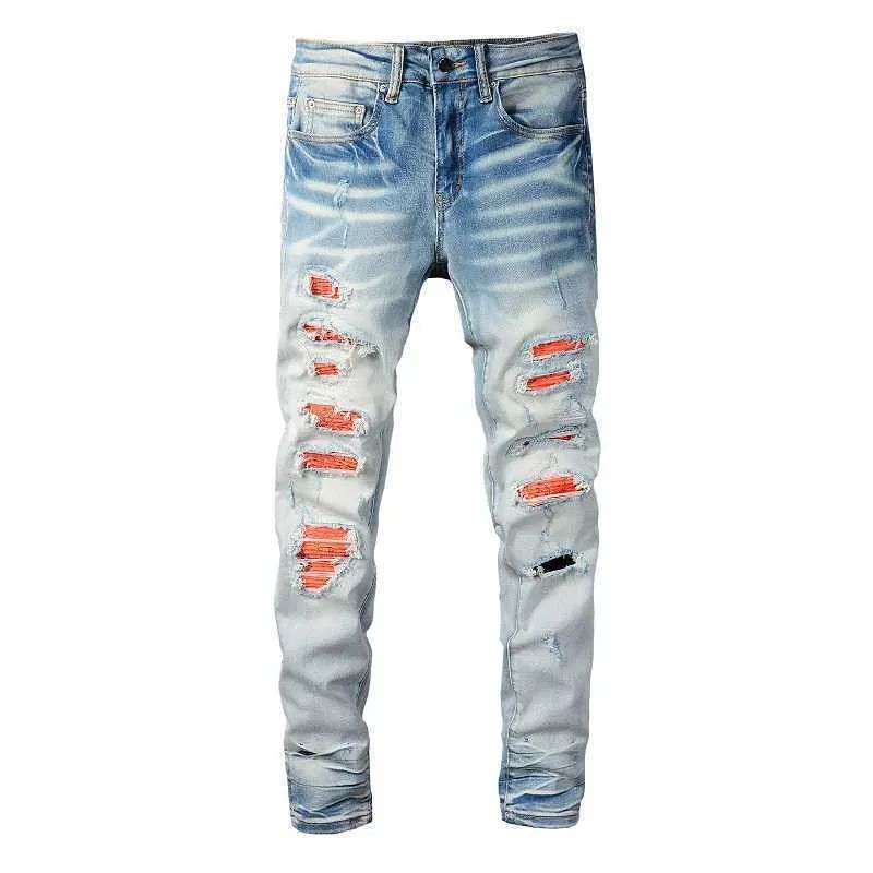 Men's Men Cracked Pleated Patch Jeans Streetwear Slim Skinny Stretch Denim Pants Holes Ripped Patchwork Tapered Trousers_voghion.com