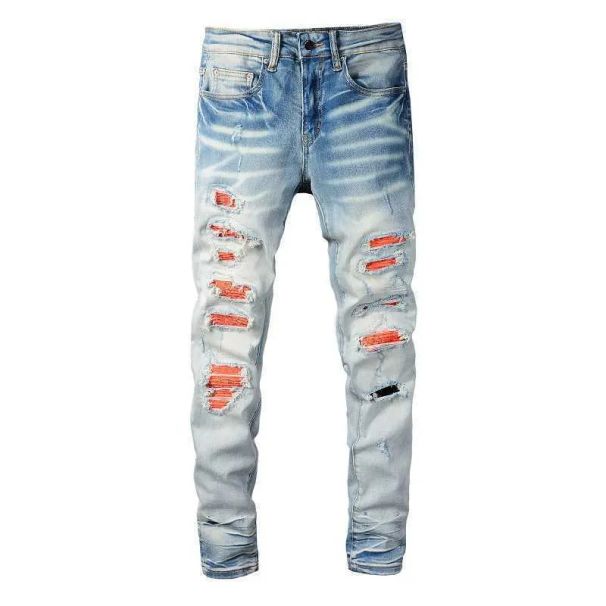 Men's Men Cracked Pleated Patch Jeans Streetwear Slim Skinny Stretch Denim Pants Holes Ripped Patchwork Tapered Trousers_voghion.com