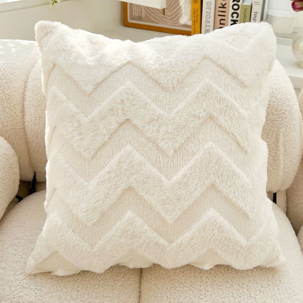 45x45cm Fluffy Rabbit Fur Pillow Cover - Nordic Wave Stripe Cushion For Sofa & Bed (White/Pink) - Includes Inner Pillow_voghion.com