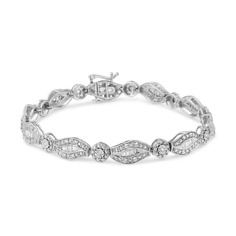 .925 Sterling Silver 1 cttw Diamond Double Leaf and Bezel Link Bracelet (I-J Clarity, I2-I3 Color) - Size 7.25"_voghion.com