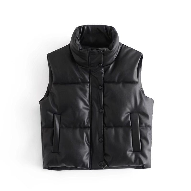 Women's clothing Black Cotton Vest Sleeveless Stand-up Collar Side Pockets Elastic Adjustable Hem Women's PU Vest Top_voghion.com
